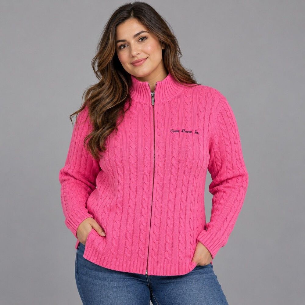 L.L.Bean Sweater Womens 1X Pink Cable Full Zip Cardigan Cotton Mock Neck Preppy